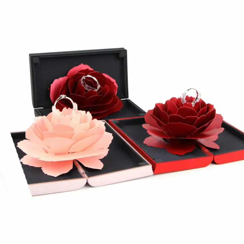 3D всплывающие розовые кольца коробка Свадьба Помолвка держатель для хранения драгоценностей случае Bump прямоугольная Свадьба вращающаяся Роза кольцо коробка