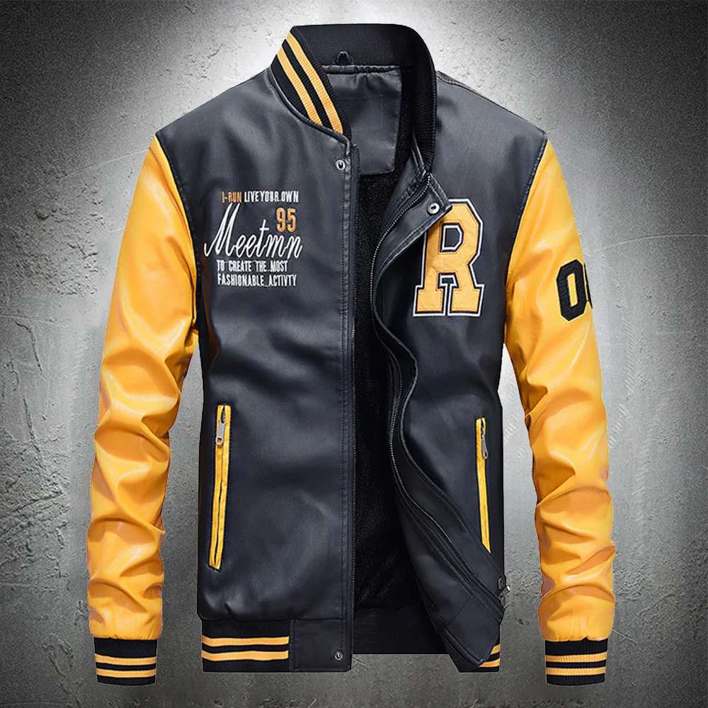De Primavera de otoño de los hombres Collar de cuero de la PU chaqueta de béisbol de cuero bordado chaqueta hombres chaqueta Bomber Casual Chaqueta Slim nuevo