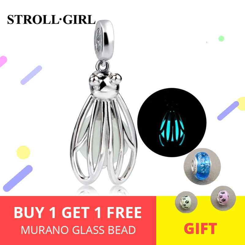 StrollGirl 925 пробы Серебряный Светлячок светящиеся животные талисманы подходят Пандора браслет DIY бисер Модный кулон, ювелирные изделия подарок для женщин