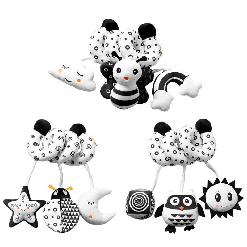 Baby Mobile Rattles Bed Winding Plush Toy Black and White Hanging Rattle Bell for Crib Stroller Car Newborn Early Education Toys