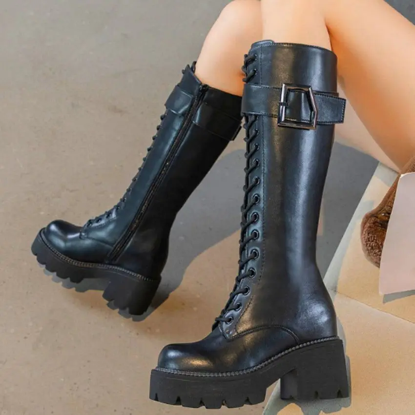 

Military Motorcycle Knee High Boots Women's Cow Leather Round Toe Long Boots Winter Platform High Heels Creepers Goth Pumps