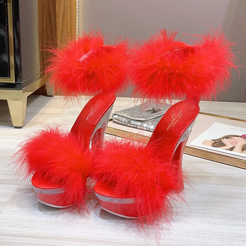 2020 New 4 Color Feather Thick High Heels Platform Sandals Women 14cm 17cm Heels Shoes Female Summer Hair Wedding Pumps WS311 2020 New 4 Color Feather Thick High Heels Platform Sandals Women 14cm 17cm Heels Shoes Female Summer Hair Wedding Pumps WS311