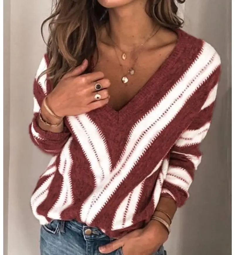  Women Spring Autumn Shirt Deep V Striped Blouse Knitwear Tops Casual Long Sleeve Shirt Jumper Pull 