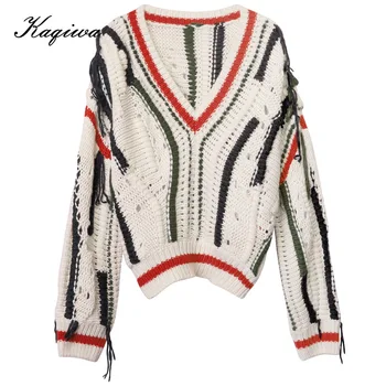 

2020 new spring fashion fringe women V-neck stripe contrast sweater women's Korean loose long sleeve top trend