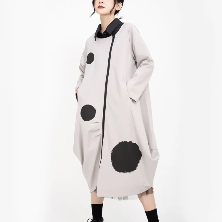 

Women Loose Polka Dot Irregular Open Stitch Dress Ladies Autumn O Neck Patchwork Dress Female Plus Size Dresses