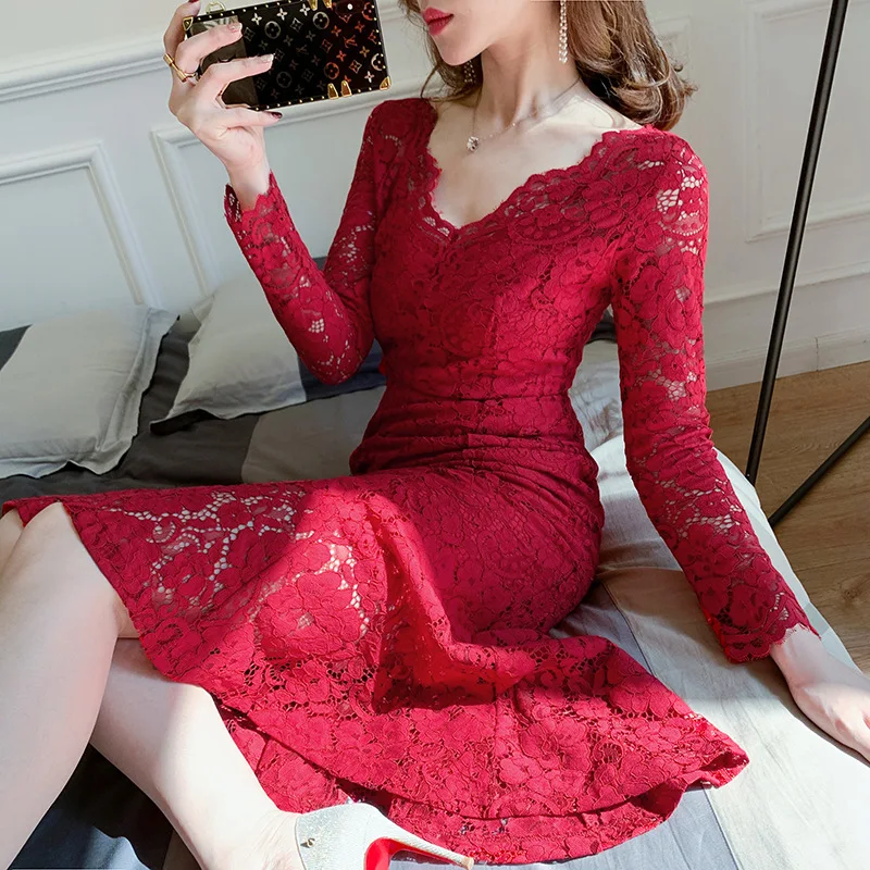 

2020 New Style Online Celebrity INS-Style Fishtail Long Slim Fit Red V-neck Underwear Lace Dress Europe And America