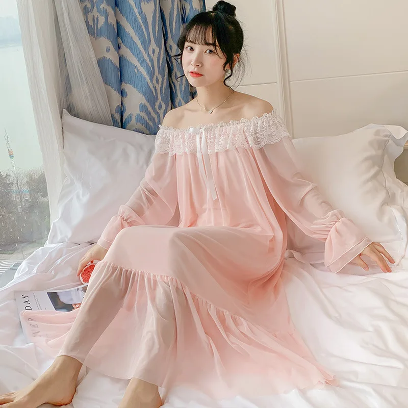 

Palace Nightdress Women Summer Long Sleeve Retro Princess Style Home Wear Long Sleeve Sexy Long Skirt Lace Spring Autumn
