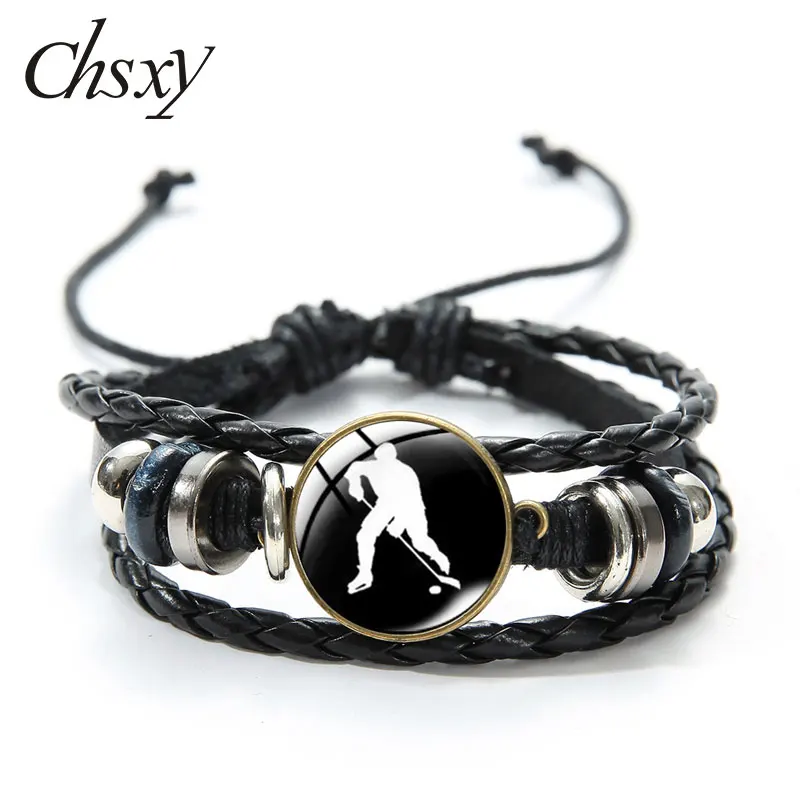 Compra CHSXY-pulsera deportiva de Hockey sobre hielo para hombre, brazalete de cuero de moda con estampado de dibujos animados, foto, cristal, Gema ajustable, tejido negro 33mj6g677WV