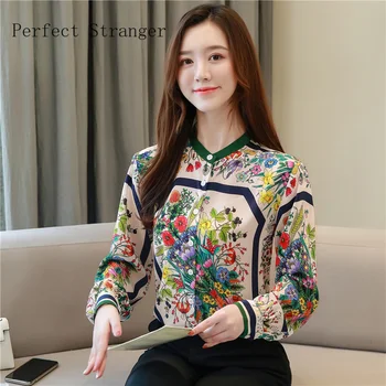

High Quality 2020 Spring New Arrival Plus Size Casual Hot Sale Round Collar Flower Printed Long Sleeve Women Chiffon Blouse
