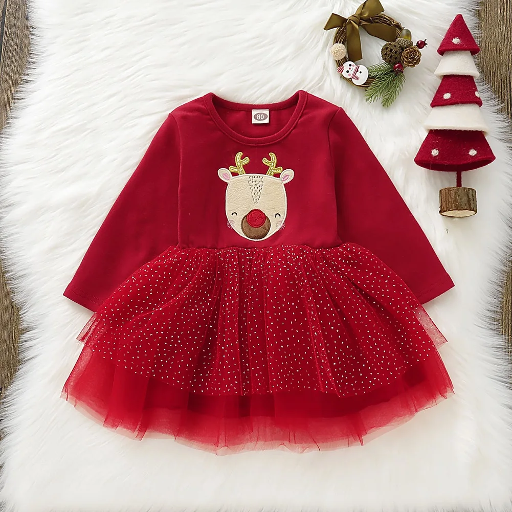 Focusnorm Fashion Toddler Kid Baby Girl Christmas Xmas Dress Clothes Long Sleeve Lace Tutu Dress