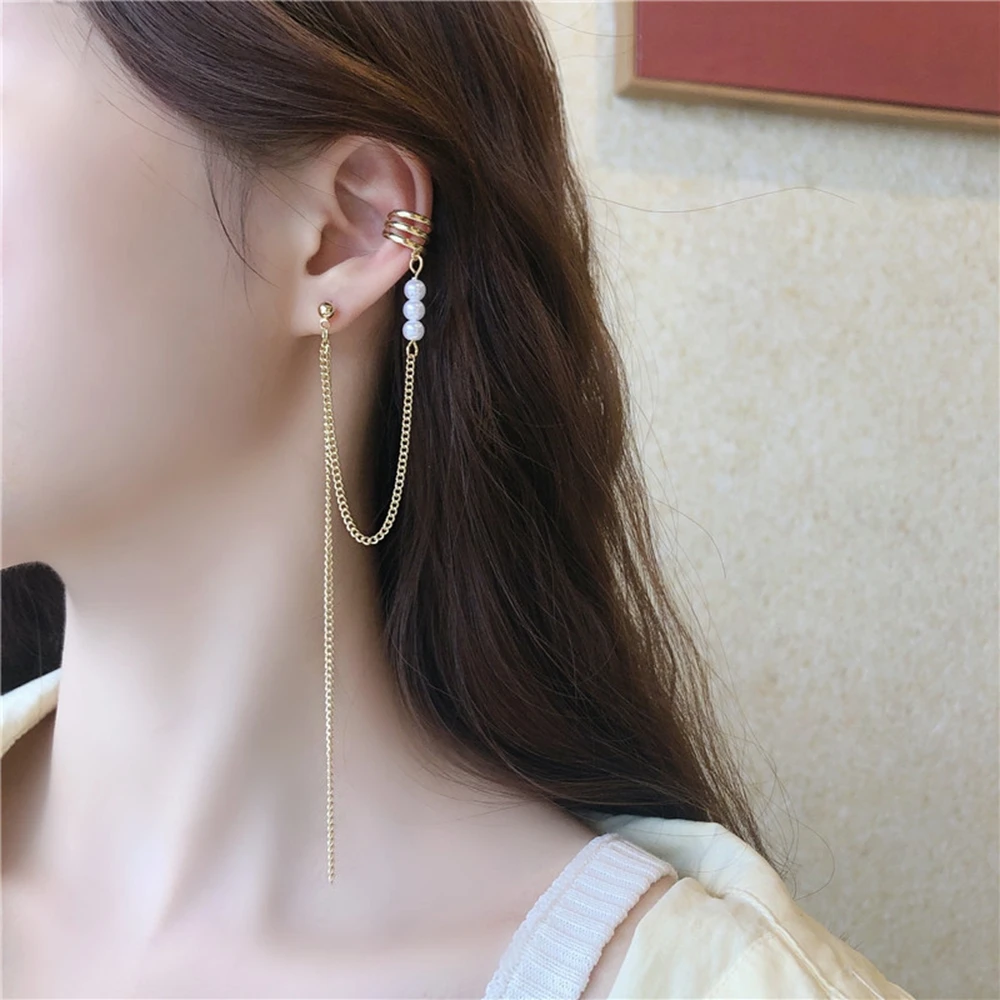 Серьги-клипсы женские цельные с жемчугом и цепочкой для пирсинга | Украшения
