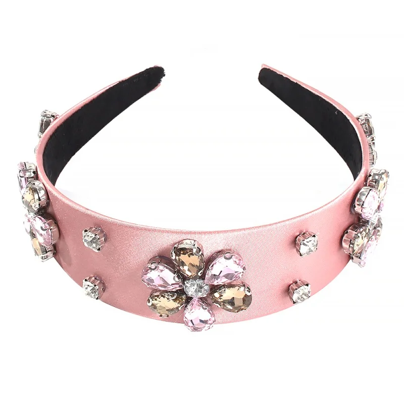pink headband Роскошные Стразы Дворцовая повязка на голову женская широкая повязка с цветком кристалл барокко обруч для волос девушка корона аксессуары для волос горячий головной убор - Окраска металла: pink headband