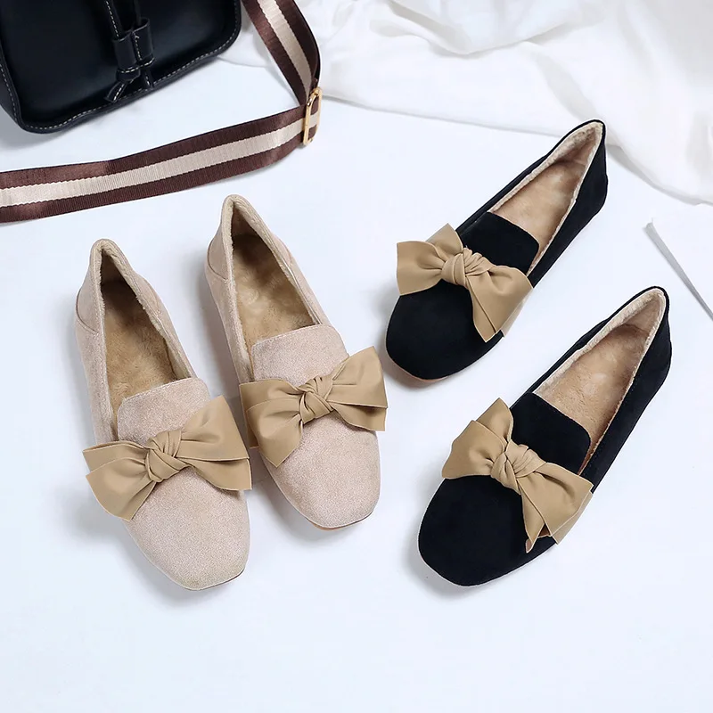 

2019 Spring New Style Shoes Women's plus Velvet Warm Low Heel Bow Deep Mouth Low-cut Shoes Pregnant Women Moccosins