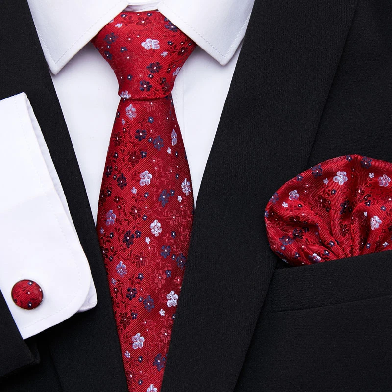 New Red Tie Silk Woven Men Necktie Hanky Cufflinks Set Luxury Men's ...