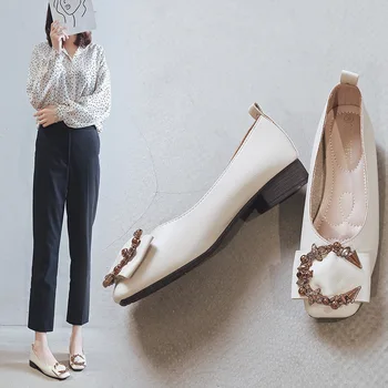 

New Spring chunky Shoes Women Chunky Low Heel Ballet Square Toe Shallow Brand Shoe Slip on Loafer Zapatos De Mujer