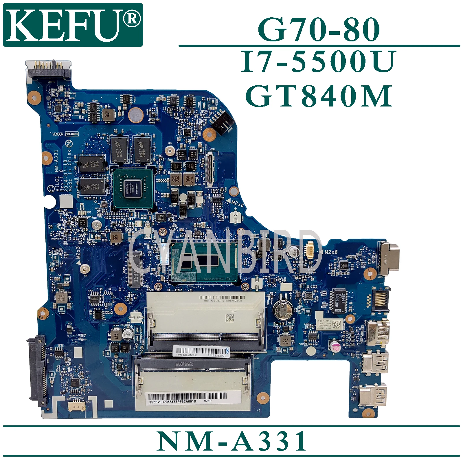 KEFU NM-A331 оригинальная материнская плата для ноутбука Lenovo G70-80 с I7-5500U GT840M/GT820M |