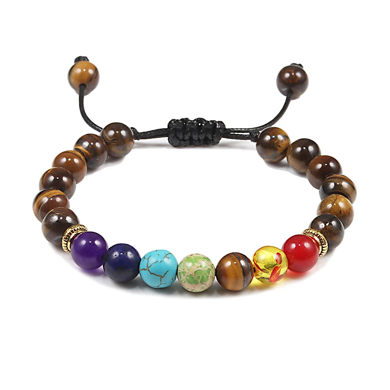 Tiger Eye chakra 8 мм тигровый глаз камень бусины браслет плетеный Веревка Регулируемый Черный Лава чакра Шарм заживление Баланс йога браслеты для мужчин и женщин - Окраска металла: Tiger Eye chakra