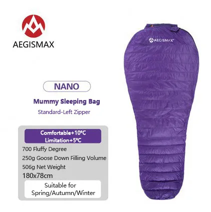 AEGISMAX NANO спальный мешок 41℉~ 50℉сверхлегкий 700FP гусиный пух супер мягкий Мумия сплайсинга Тип открытый теплый водонепроницаемый кемпинг - Цвет: NANO-Standard-Purple
