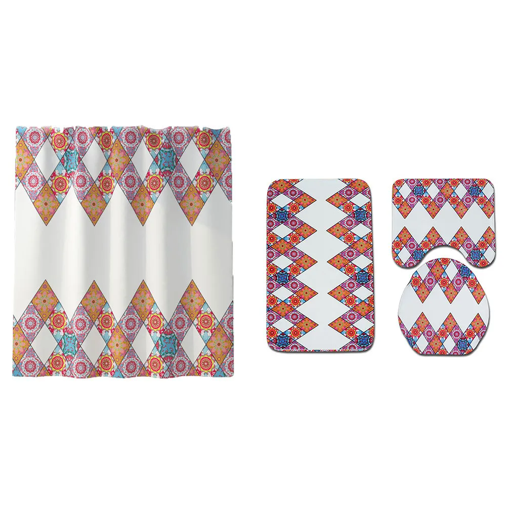 

4PCS Non Slip Bohemia Style Pattern Toilet Polyester Cover Mat Set Bath Rug Mat Set Bathroom Accessories Shower Curtain Set