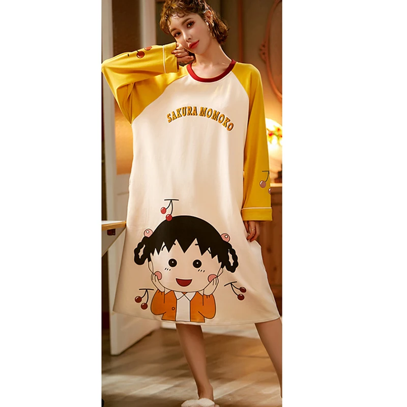 Women Nightgowns 2021 New Spring And Autumn Cotton Female Nightdress Lovely Long-Sleeve Sleepwear Teenager Girl Cartoon Q06