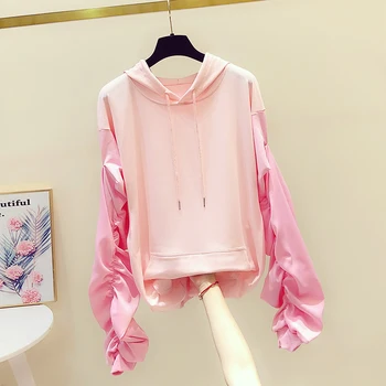 

2020 Spring Autumn New Sweet Folds Puff Sleeve Panel Long-Sleeve Hooded Hoodie Women's Sweatshirt Sudadera Mujer Hoodie Pullover