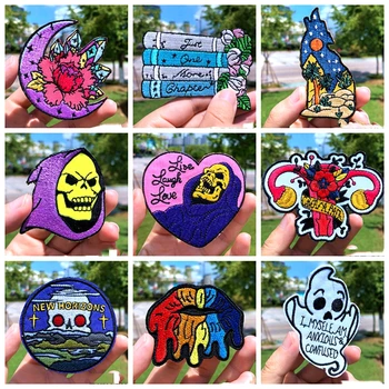 

Prajna Hot Sale Skull Flower Patches Embroidered Patches For Clothing DIY Iron On Patches Stripe On Clothes Applique Accessories