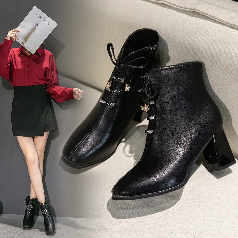 

Boots Women's 2019 New Style Chunky-Heel Boots Pointed Toe Semi-high Heeled Spring And Autumn Single Boots Versatile Autumn & Wi