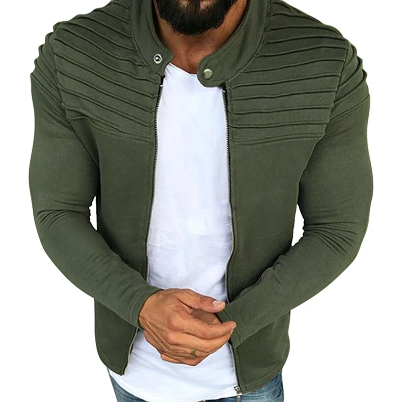 

MJARTORIA Men's coat solid color pleated striped stitching sweater velvet jacket zipper spring and autumn 2019 new