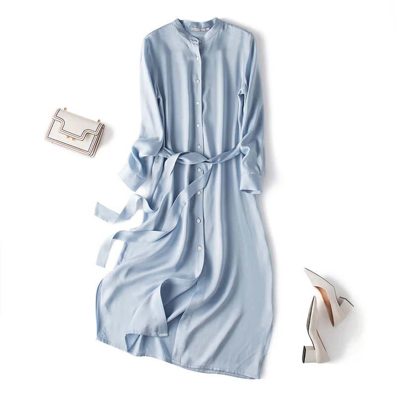 

Fashion Luxurious 100% Silk Spring Summer Office Solid Long Women Party Dress A-Line Long Sleeves Sashes Silk Dress