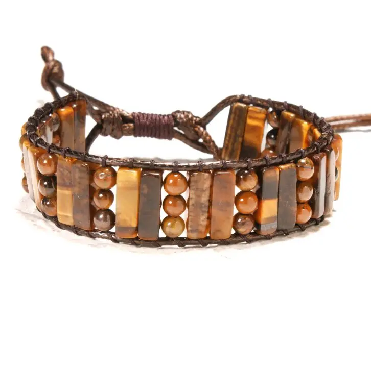 Natural Stone Tiger Eye Beaded Weave Bracelet Healing Bead Leather Rope Charm Wrap Bracelets for Women Men