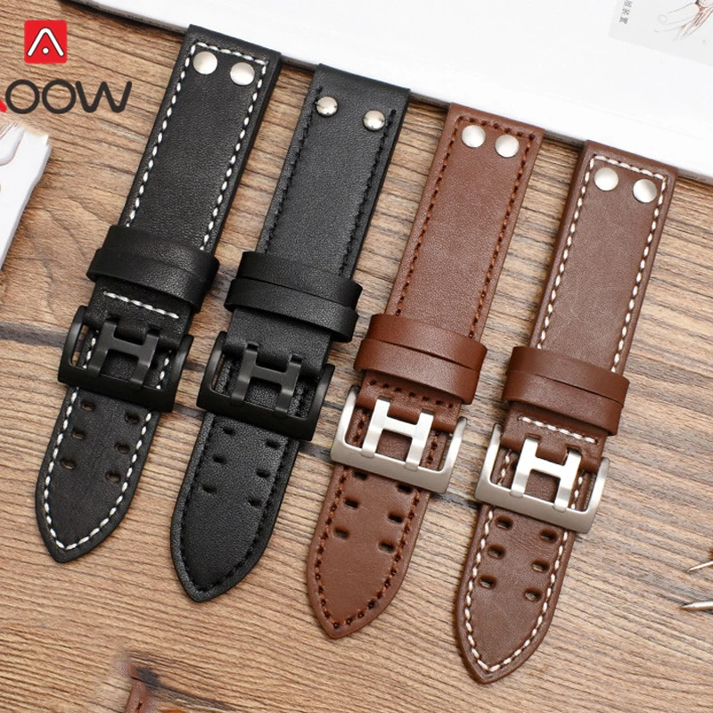 20mm 22mm Genuine Leather Watch Strap Rivet Men Replacement Bracelet Wrist Band for Hamilton Khaki Aviation H77755533 H77616533 | Наручные