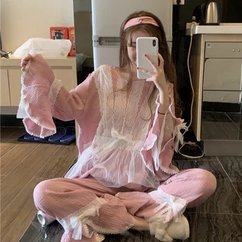 

Super fairy Net yarn Bowknot Autumn winter Long-sleeved Pajamas Women's Autumn Sweet 2020 New Pajamas Homewear two-piece suit