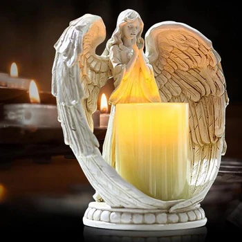 

Electronic Candlestick Sculpture Decorative Home Resin Flamless Praying Statue Christmas Wings Angel Figurine Crafts Gifts