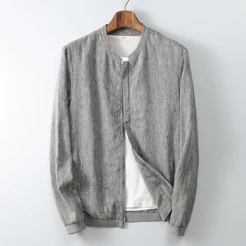 

100%Linen Winter Men Jackets Stand Collar Long Sleeve Solid Black Gray Zipper Outerwear Male Fashion Casual Coat