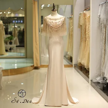 

NEW 2020 St.Des Mermaid Round Neck Russian Champagne Tassel Beading Sleeveless Designer Floor Length Evening Dress Party Dress