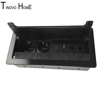 

Office conference desktop socket / 2 European standard power HDMI RJ45 USB VGA network socket box aluminum alloy drawing outlet