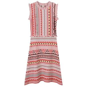 

Runway Elegant Geomrtric Print Party Dress Women Stretch Sleeveless Vest Mini Dress Summer Slim Striped Ladies Dress Robe Femme