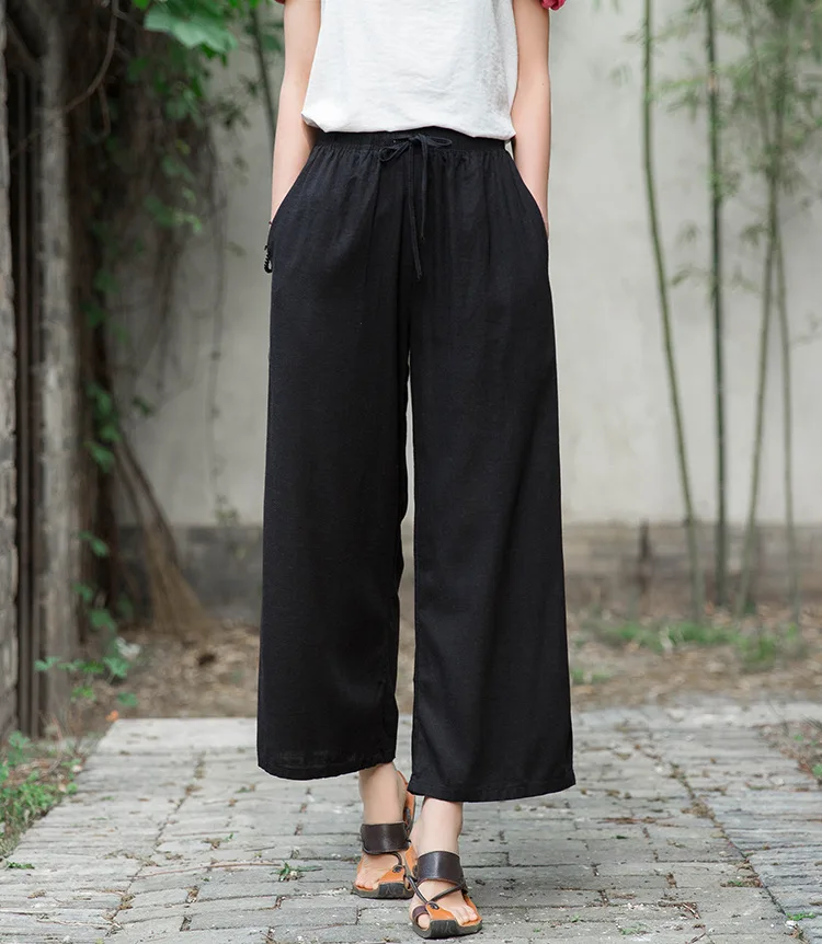 Johnature 2020 Autumn Women New Retro Elastic Waist Cotton Linen Lace Up Wide Leg Pants Loose Casual All-match Ankle-length Pant