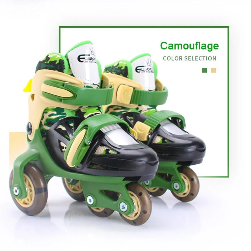 Camouflage EUR 25-29 Детские роликовые коньки с 4 колесами, двойные тормоза, регулируемая дышащая обувь для катания на коньках, для начинающих, анти-осенние роликовые коньки с костюмом - Цвет: Camouflage EUR 25-29