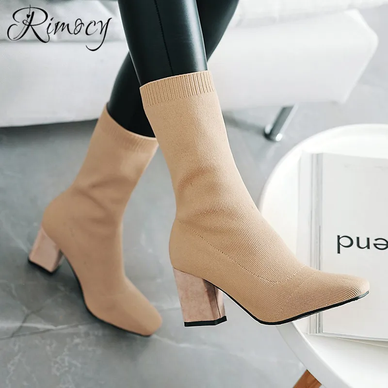 Tanie Rimocy dzianinowe buty 2019 wiosna modna skarpeta buty damskie kwadratowe wysokie obcasy buty kobieta do połowy łydki botines mujer slip on botas