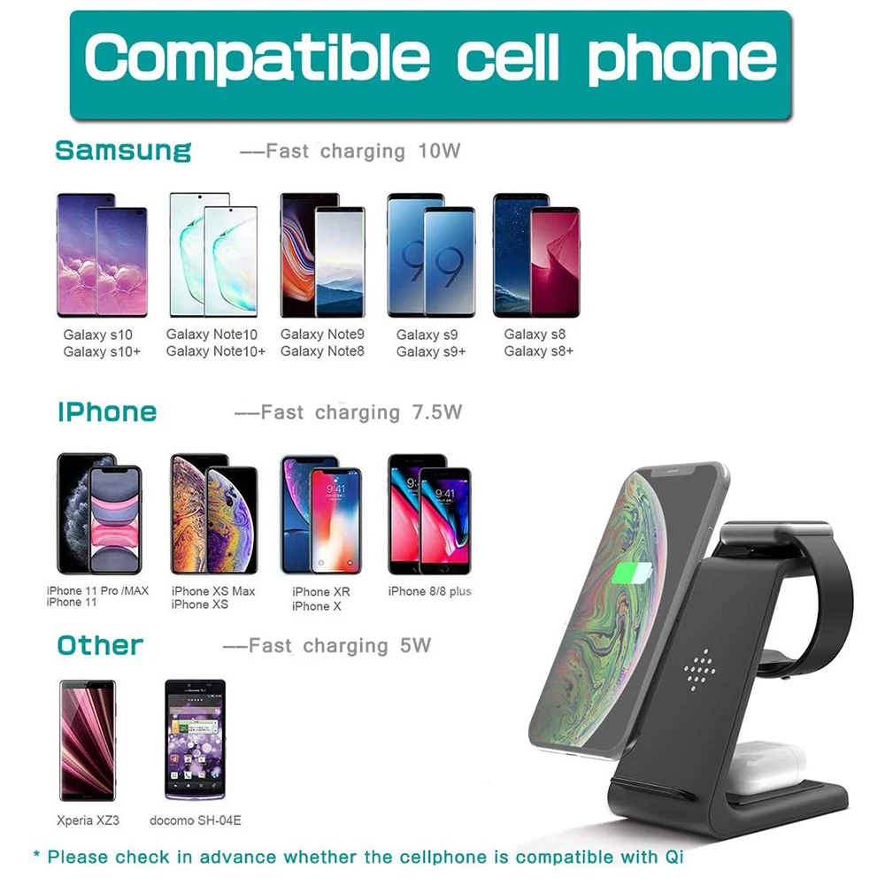 Беспроводная зарядная подставка Bonola Qi 3 в 1 для iPhone11/XR/Xs/AirPods3/iWatch5 быстрая зарядка