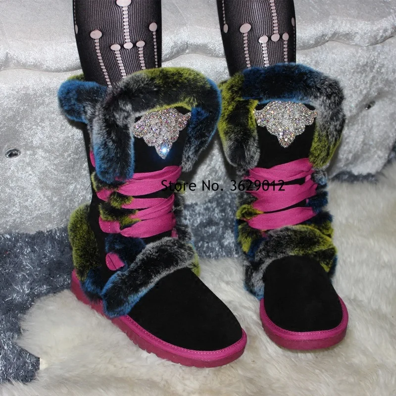 

Women Snow Boots Winter Fur Ankle Boot Female Rhinestone Flat Lace Up Fashion Platform Ladies Shoes