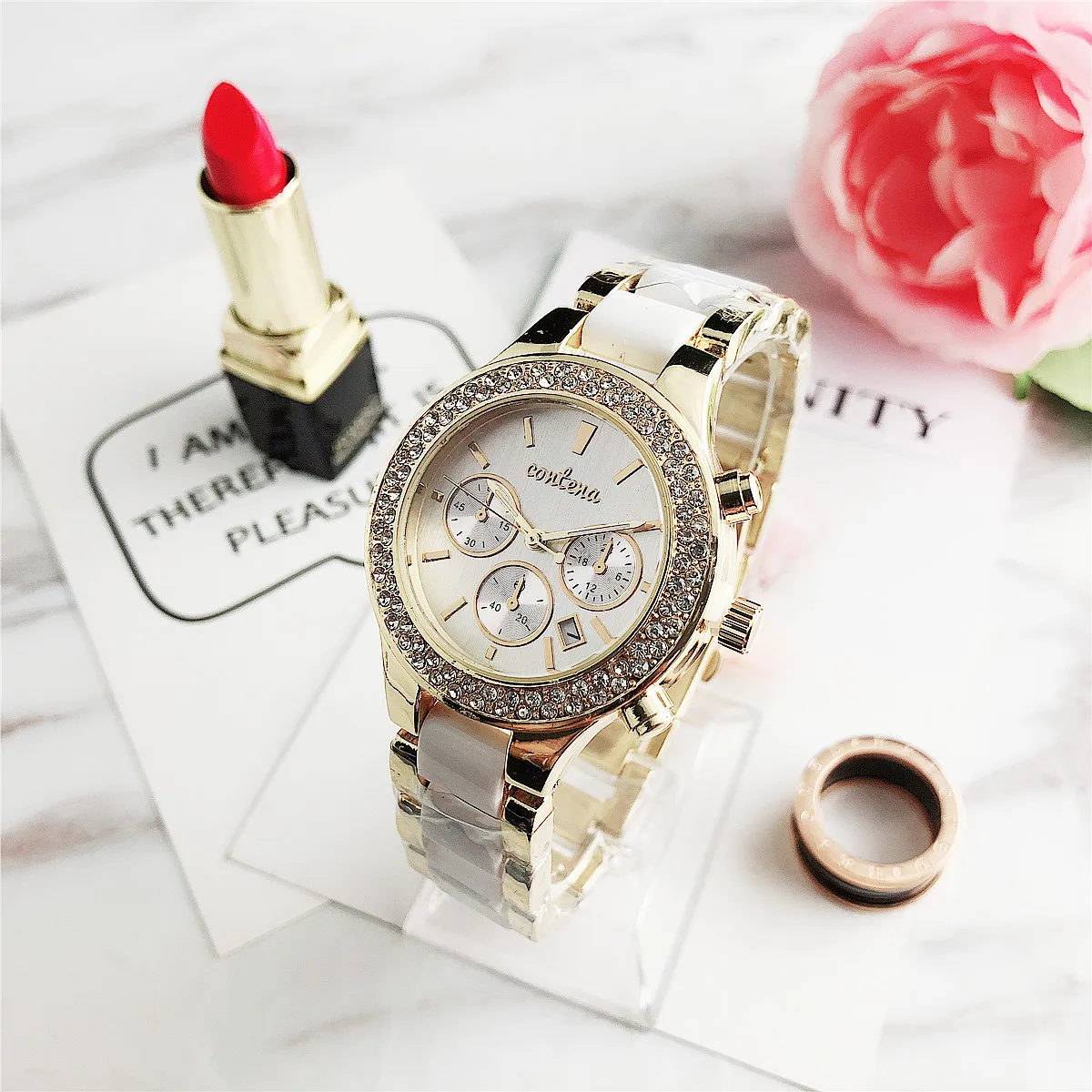 

Casual Women Romantic Starry Sky Wrist Watch Leather Rhinestone Designer Ladies Clock Simple Dress Gfit 2140TMD
