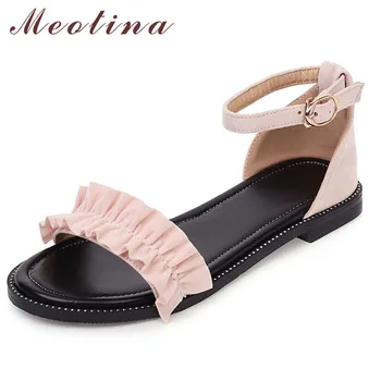 

Meotina Pleated Flat Sandals Ankle Strap Shoes Women Round Toe Flat Footwear Ladies Summer Elegant Sandals Pink Large Size 10.5