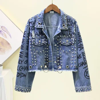 

2020 Punk Style Letter Print Rivets Beading Women Autumn Jacket Coat Loose Style Women Denim Jacket Coat Crop Tops Abrigos Mujer