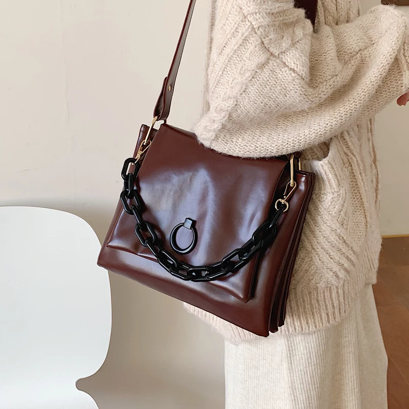 

Retro Quality PU Leather Crossbody Bags For Women 2019 Acrylic Chain Design Multi-layered lining Shoulder Messenger Bag Handbags