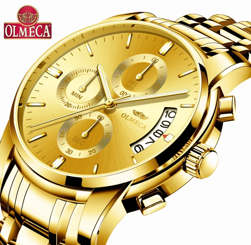 

OLMECA Quartz Watch Sport Men's Watches Fashion Reloj Hombre Wrist Watch 3ATM Waterproof Watches for Men Steel Band Gold
