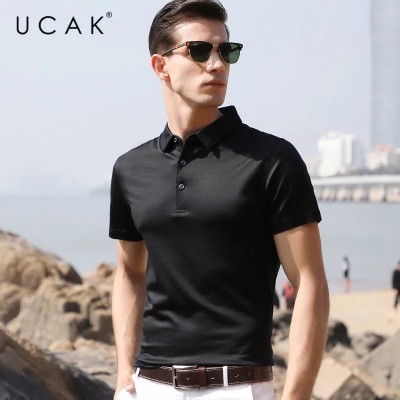 

UCAK Brand T Shirt Silk Turn-down Collar T-Shirt Men 2020 New Arrival Summer Tee Casaul Streetwear Short Clothing Tshirt U5080