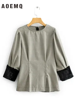 

AOEMQ Fashion Shirts Patchwork Simple Plaid Print Shirts with Zipper Decoration Wide Long Sleeve Shirts/Tops for Spring Party