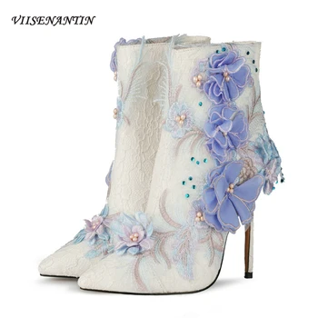 

Autumn New Fashion Lace Flower Pearl White Wedding Shoes Plus Size Designer Brand Women Boots High Heels Slip-on Ankle Boots